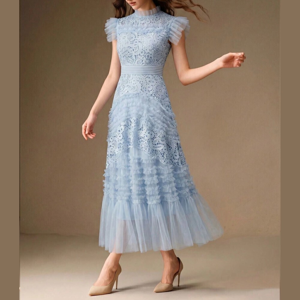 Dusty Blue Lace Ruffle Tiered Tulle Stand Collar Midi Dress